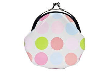 White purse with colourful dots on a white background. Clipping path included.