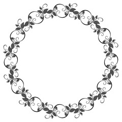 Silhouette floral round frame with halftone pattern. Vector clip art.
