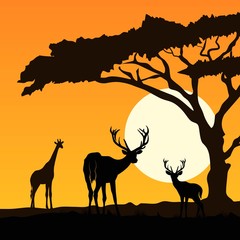 Fototapeta na wymiar giraffe and deers silhouette