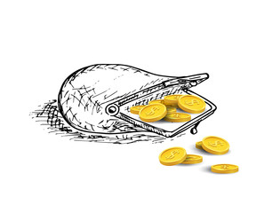 Opened hand drawn purse with golden coins. Vector illustration.