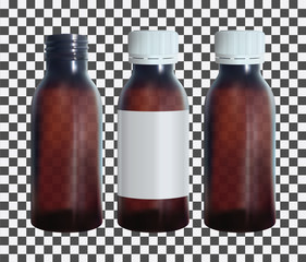 Brown medical bottle with a lable. Vial transparent glass template. Isolated vector.