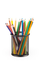 color pencils in metal pot isolated