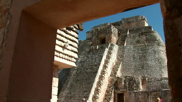 Shot of Great pyramid through arch at archaeological site Uxmal, Yucatan, Mexico