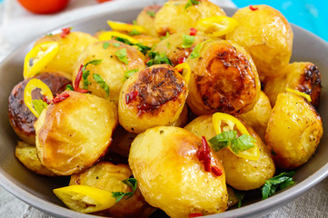 Baked potatoes with a golden crust with hot pepper, garlic, spices  and herbs in bowl. Close-up