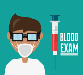 doctor with glasses and mask with syringe to blood exam vector illustration