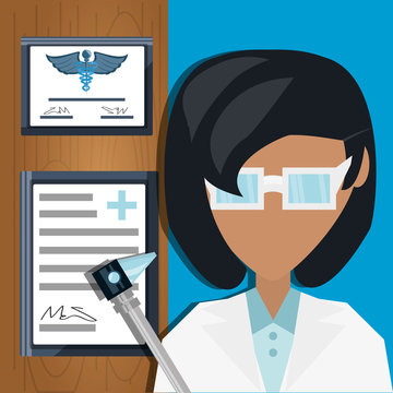 doctor with otoscope and medical diplomas vector illustration