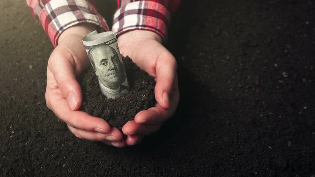 Hands with fertile soil and USA dollar money banknote, female farmer handful of cultivated land that gains profit and steady income from sustainable agricultural activity like organic growth of crops