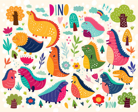 Vector colorful illustration with cute dinosaurs