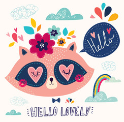 Illustration with cute raccoon © moleskostudio