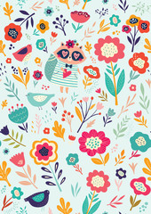 Seamless pattern with cute raccoon and flowers