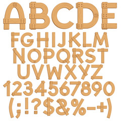 Alphabet, letters, numbers and signs from wooden boards. Isolated vector objects on white background.