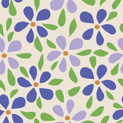 Floral pattern with small flowers and leaves. Simple, cute background for printing on fabric, textiles, Wallpaper. Seamless vector illustration. Vintage retro style. Miles Fleur, liberty ornament.