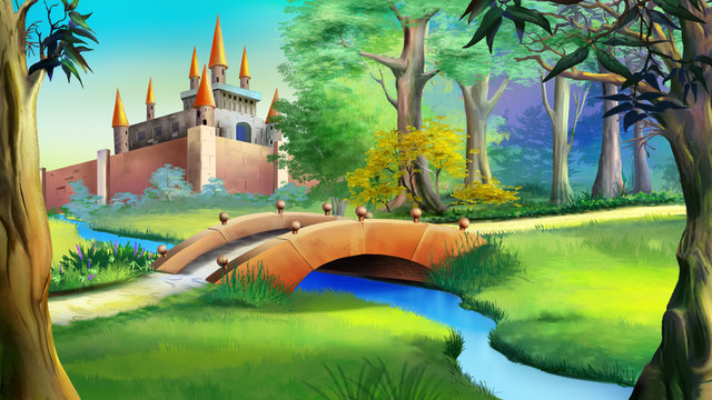 Landscape with fairy tale castle and small bridge over the river.