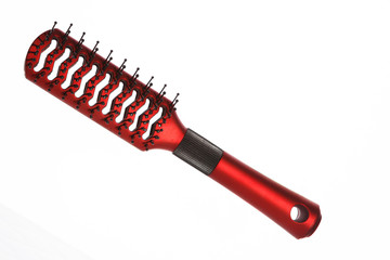 Red hairbrush on the head on a white background