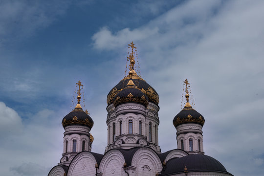 The Epiphany Cathedral. Gorlovka Ukraine. Domes on the blue sky background