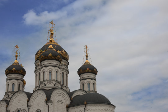 The Epiphany Cathedral. Gorlovka Ukraine. Domes on the blue sky background