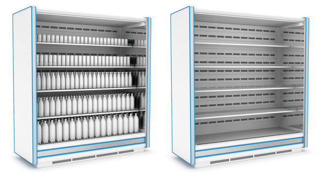 Vertical refrigerator for supermarket. Empty and with bottles and jars. Set of 3d images isolated on white.