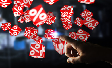Businessman using white and red sales flying icons 3D rendering