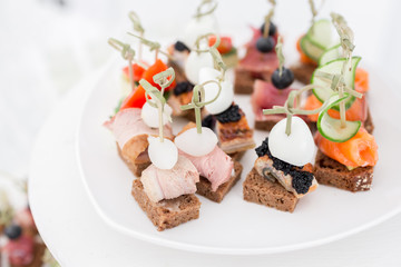 the buffet at the reception. Assortment of canapes. Banquet service. catering food