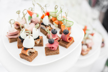 the buffet at the reception. Assortment of canapes. Banquet service. catering food