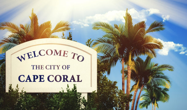 Road board 'Welcome to the city of Cape Coral' (3d-illustration)