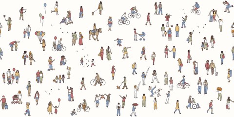 Fototapeta na wymiar Seamless banner of tiny people, can be tiled horizontally: pedestrians in the street, a diverse collection of small hand drawn men and women walking through the city