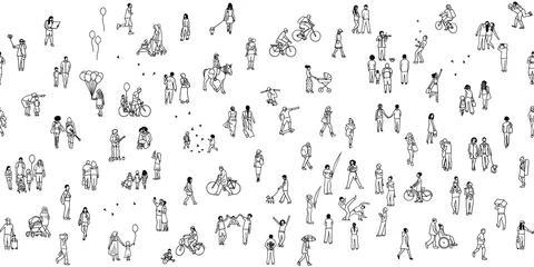 Seamless banner of tiny people, can be tiled horizontally: pedestrians in the street, a diverse collection of small hand drawn men and women walking through the city © Franzi draws