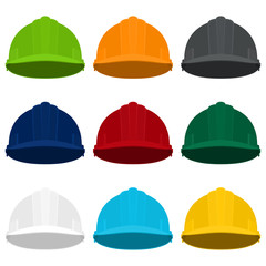 Working Hard Hat in Nine Colors, Multicolored Safety Helmets on a Light Background , Vector Illustration