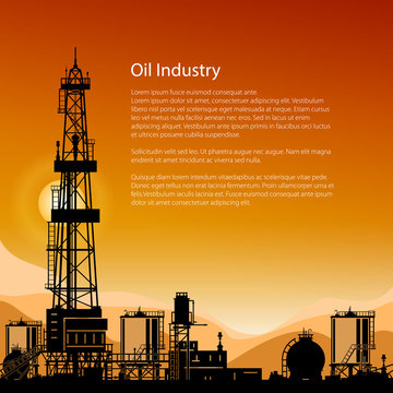 Silhouette Oil or Natural Gas Drilling Rigs on a Background of Mountains at Sunset, Flyer Drilling Platform with Outbuildings and Tanks and Cisterns , Poster Brochure Design, Vector Illustration