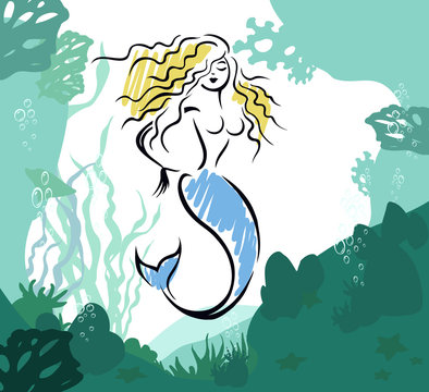 Beautiful cartoon flat illustration of a sea floor with mermaids, corals and seaweed