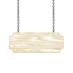 Wooden sign hanging on a chain isolated on white  background