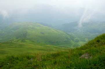 Landscape of the Carpathian Mountains with fog
