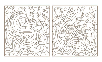 Set contour illustrations in the stained glass style with bright abstract two exotic fish amid seaweed, coral and shells