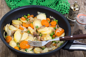 Potatoes fried with vegetables and mushrooms in frying pan