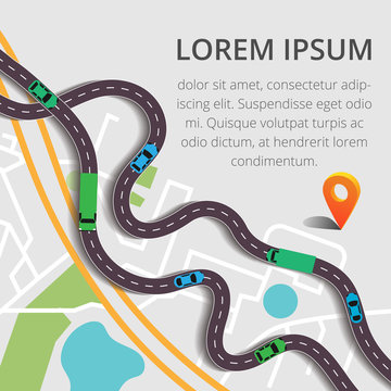 Vector illustration with city map, roads cars, truck and pin pointers. Picture of traffic jam for banner, brochure