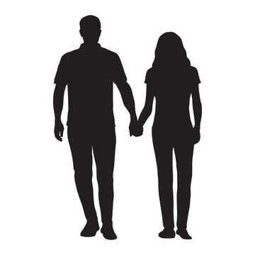 Couple holding hands, man and woman dating, vector silhouette. People in love