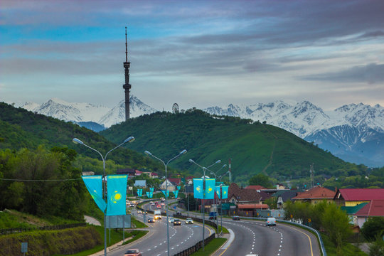 ALMATY, KAZAKHSTAN - MAY 6: Kok Tobe hill and TV tower. City view on May 6, 2017 in Almaty, Kazakhstan