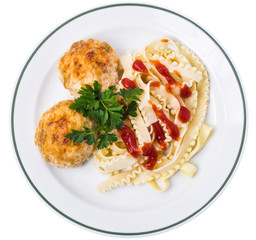 Meat cutlets with pasta and ketchup