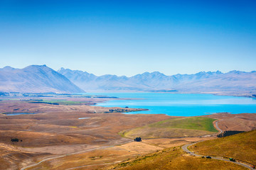 View of Lake Alexandrina seen from Mount John at south Island  New Zealand