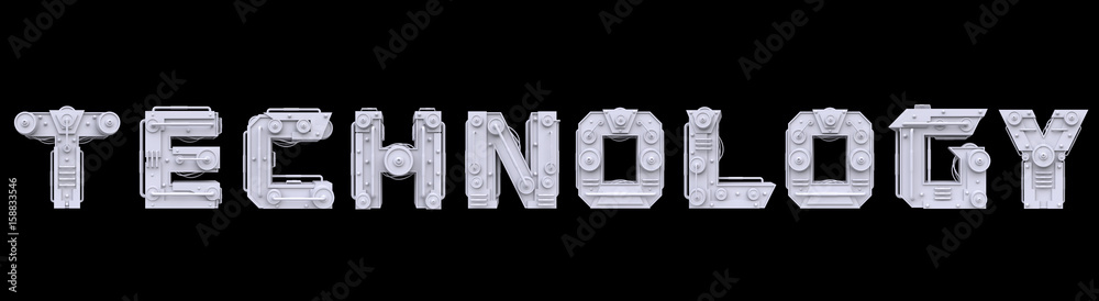 Fototapete iron mechanical word technology isolated on black background. futuristic industrial metal text in sc