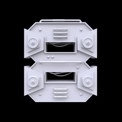 Obraz premium Iron mechanical number isolated on black background. Futuristic industrial metal symbol in sci fi or steampunk style. Realistic 3d render.