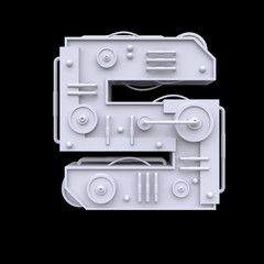 Iron mechanical number isolated on black background. Futuristic industrial metal symbol in sci fi or steampunk style. Realistic 3d render.