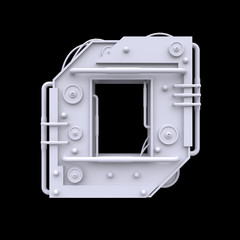 Iron mechanical number isolated on black background. Futuristic industrial metal symbol in sci fi or steampunk style. Realistic 3d render.