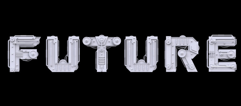 Iron mechanical word future isolated on black background. Futuristic industrial metal text in sci-fi or steampunk style. Realistic 3d render.