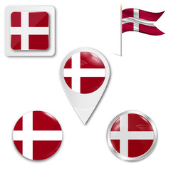 Set of icons of the national flag of Denmark in different designs on a white background. Realistic vector illustration. Button, pointer and checkbox.