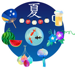 水彩風日本の夏(うちわすいか水ヨーヨービール朝顔風鈴金魚ちょうちん)