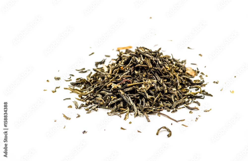 Wall mural mo li mao tea leaves scatter on the white background