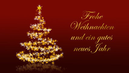 Christmas tree with glittering stars on red background, german seasons greetings