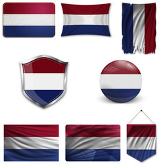 Set of the national flag of Netherlands in different designs on a white background. Realistic vector illustration.