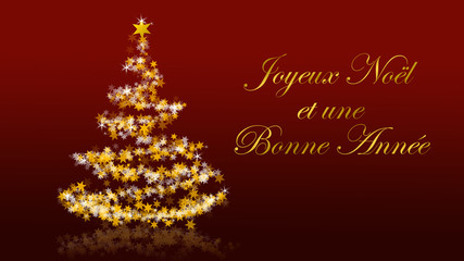 Christmas tree with glittering stars on red background, french seasons greetings